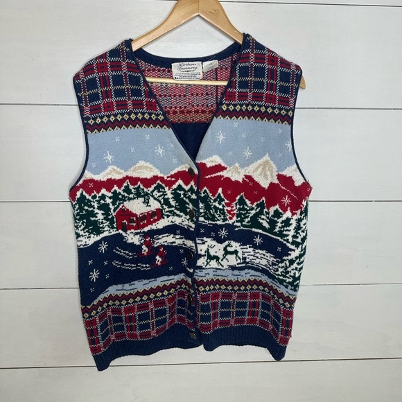 Northern Treasures Jackets & Blazers - Vintage Northern Treasures by Parkhurst Winter Sweater Vest Red Blue Cabin Large